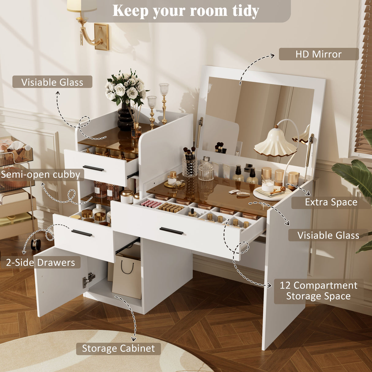 3-in-1 Vanity Desk with Flip Top Mirror, Glass Top Compact Makeup Vanity & Hidden Storage