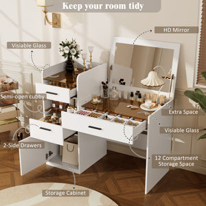 3-in-1 Vanity Desk with Flip Top Mirror, Glass Top Compact Makeup Vanity & Hidden Storage