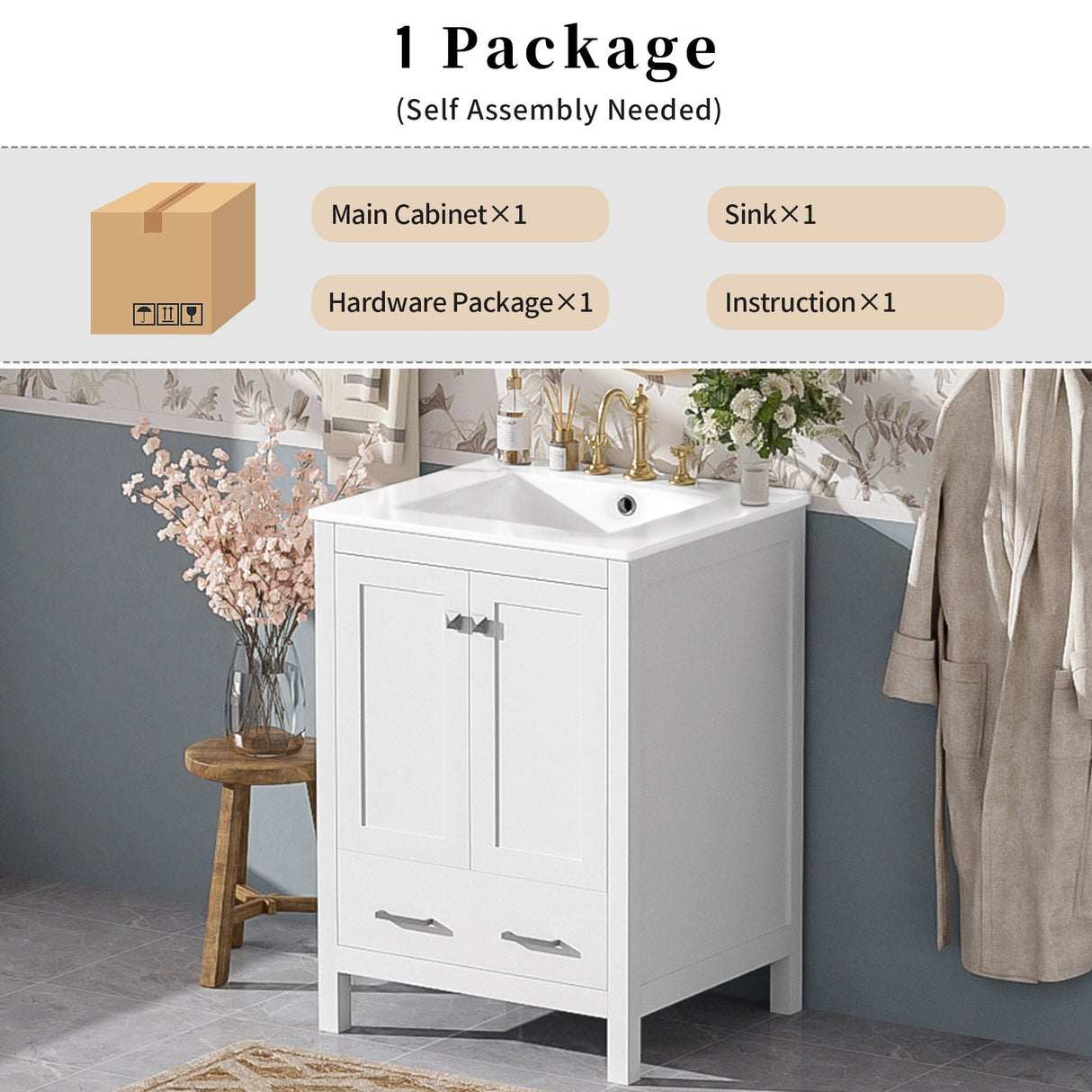 Bathroom Vanity With Integrated Undermount Ceramic Sink, 2 Doors And 1 Drawer, Soft Close Hinges