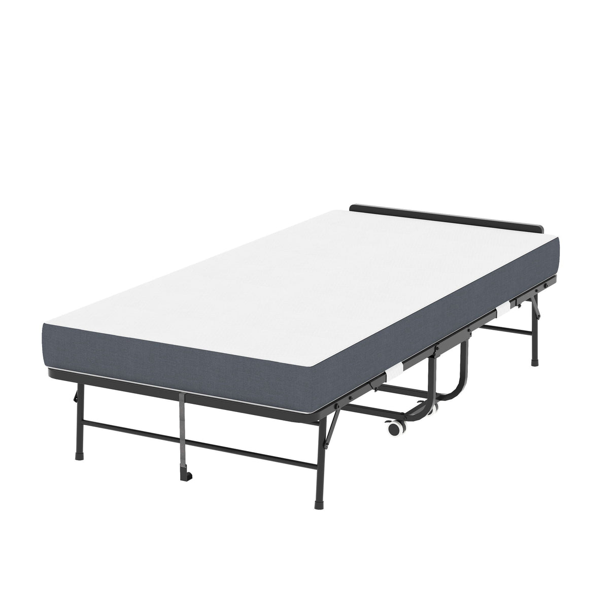 Twin Adjustable Headboard Folding Bed With Memory Foam Mattress, Heavy-Duty Frame Cot For Tall People, Portable Guest On Wheels - Black