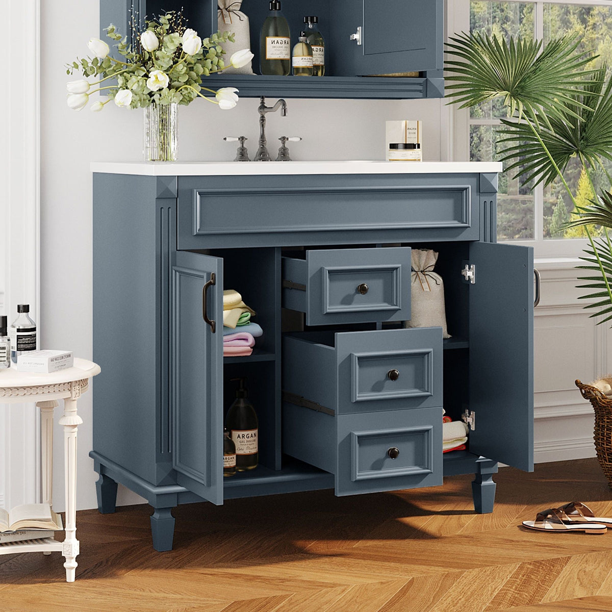36" Bathroom Vanity With Top Sink, Basin On Cabinet With 2 Soft Closing Doors And 2 Drawers - Blue
