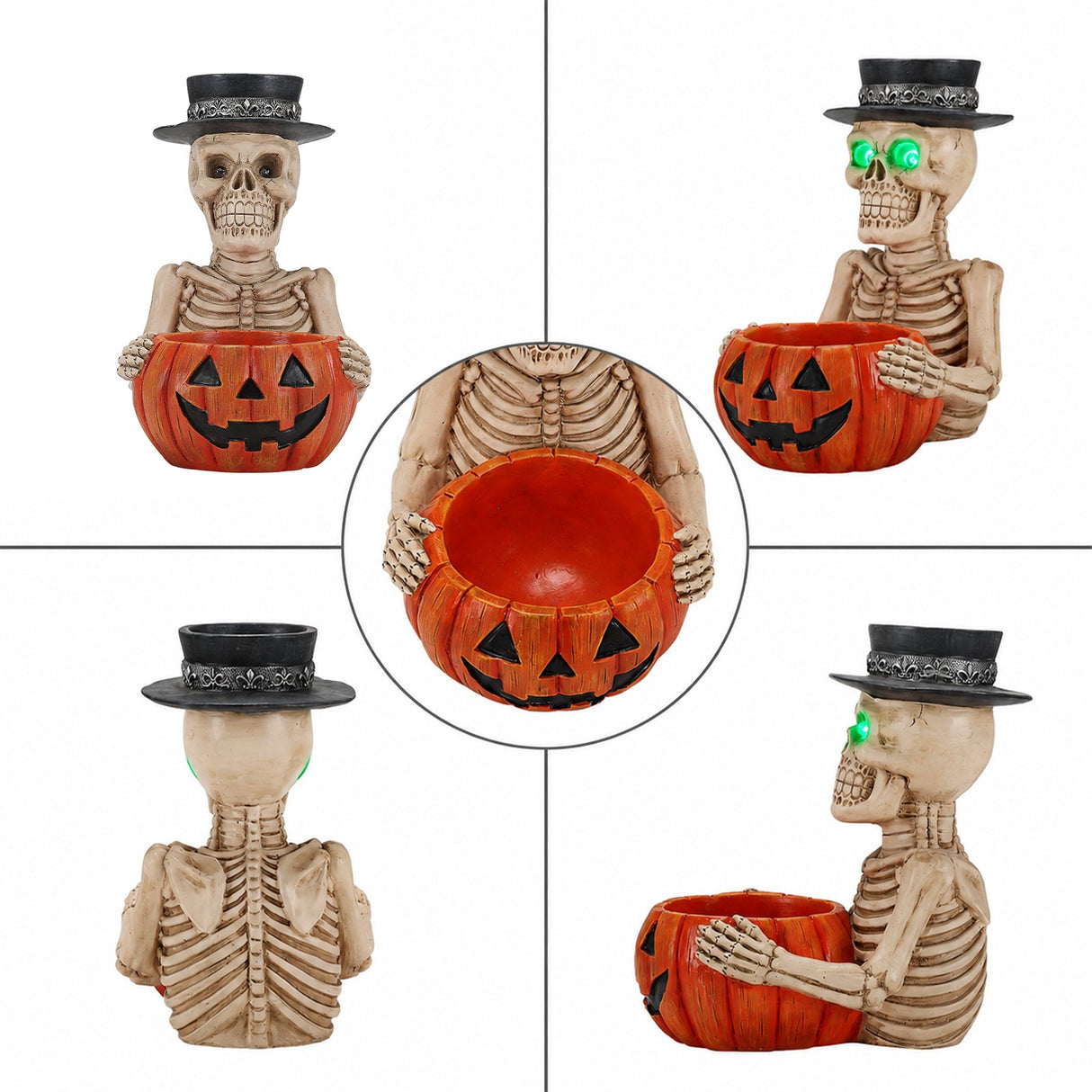 Halloween Skeleton Figurine with Pumpkin Candy Bowl & Candle Holder