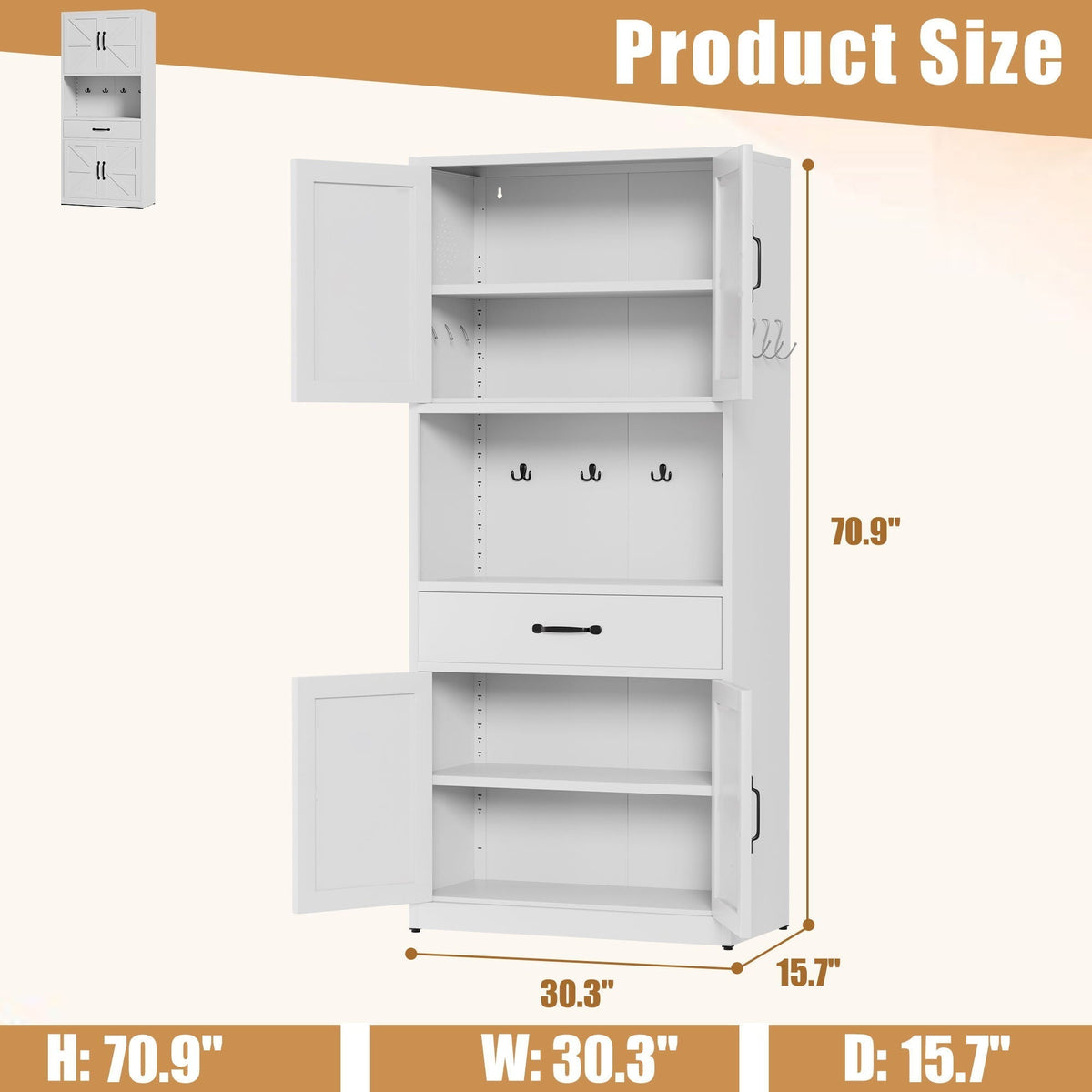 Kitchen Pantry Cabinet With Adjustable Shelves, Drawers, Hooks And Large Countertop - White