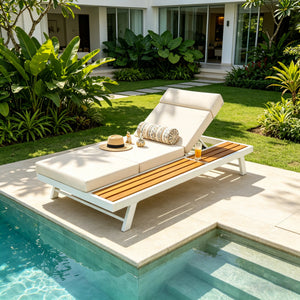 White Iron and Teak Finish Outdoor Chaise Lounge Set