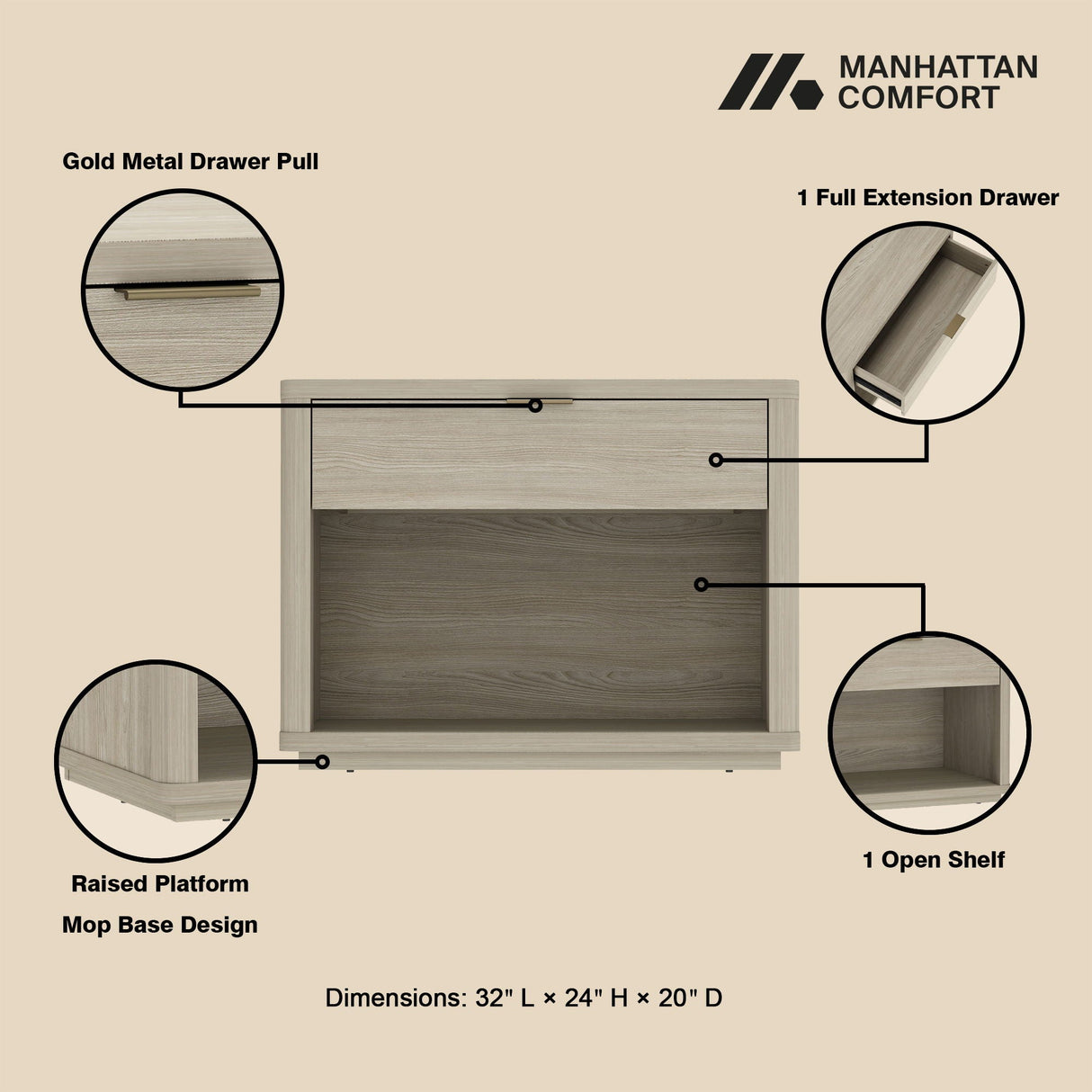 Evelyn - Nightstand With 1 Drawer And Open Shelf
