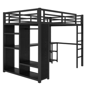 Full Size Loft Bed Frame with Built-in Wardrobe, Metal Loft Bed with Desk and Storage Shelves