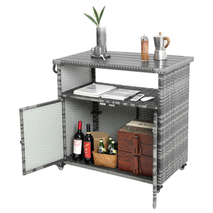 Outdoor Wicker Bar Cart with Glass Top and Wheels