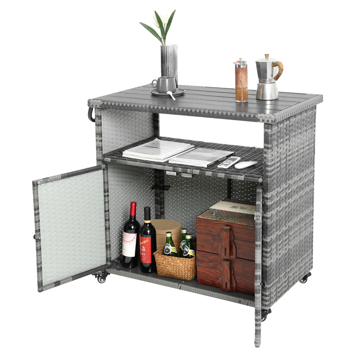 Outdoor Wicker Bar CartPatio Wine Serving Cart w/Wheels Rolling Rattan Beverage Bar Counter Table w/Glass Top for Porch Backyard Garden Poolside PartyLight brown