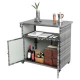 Outdoor Wicker Bar CartPatio Wine Serving Cart w/Wheels Rolling Rattan Beverage Bar Counter Table w/Glass Top for Porch Backyard Garden Poolside PartyLight brown