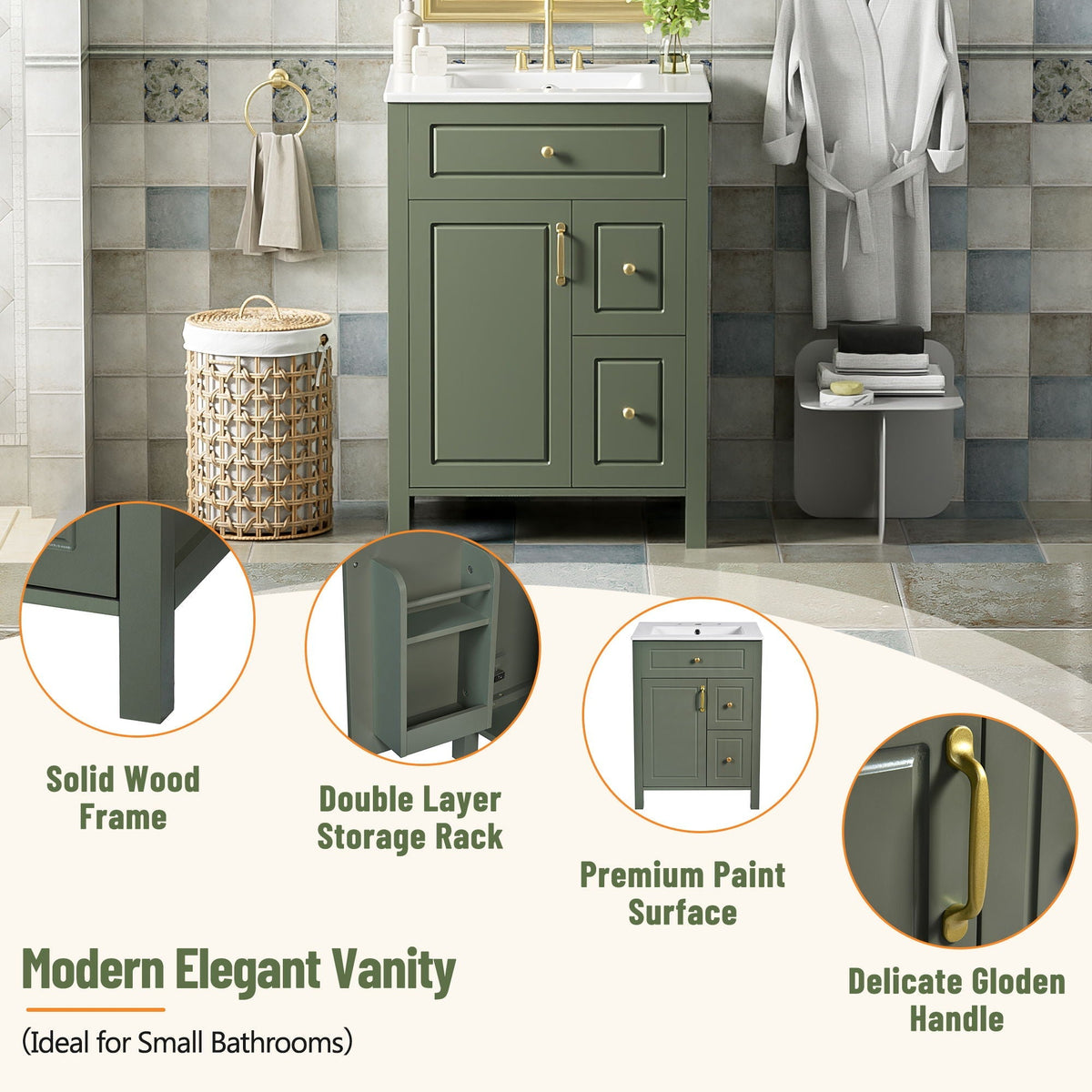 Elegant Bathroom Vanity With Ceramic Sink, Soft Close Doors And Drawers, Double Storage Racks