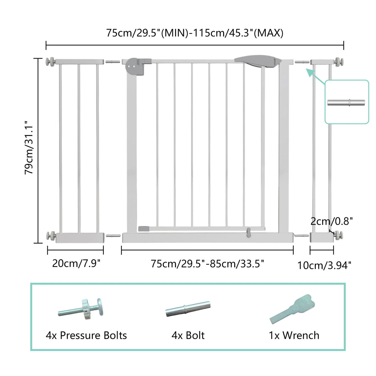 Pressure Mounted Baby Gate for Stairs with Double-Lock Safety - White