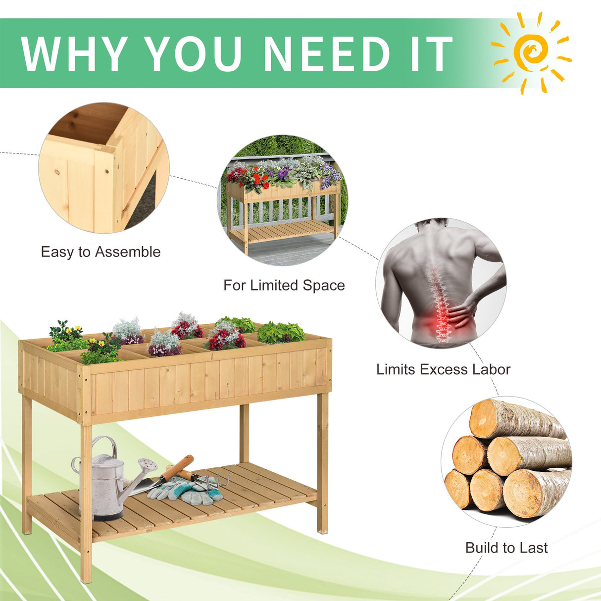 Outsunny 43" Wooden Raised Garden Bed with 8 Pockets and Shelf