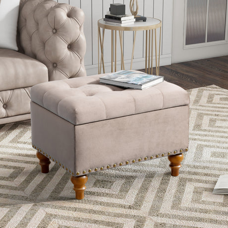 Retro-Style-Square-Velvet-Upholstered-Ottoman-with-Storage,-Pink,-Elegant-Design,-Solid-Wood-Feet-Ottomans