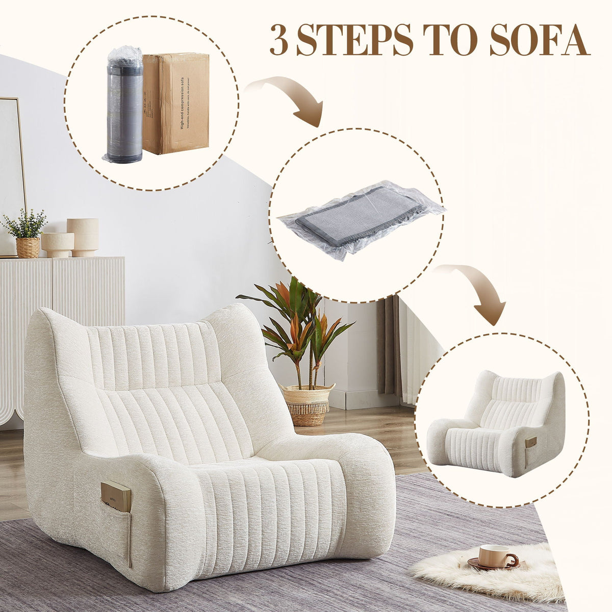 Bean Bag Chair For Adults, Lazy Floor Sofa Couch Memory Foam Bean Bag Sofas Chenille Fabric Reading Chair Comfortable Corner Lounge Sofa For Living Room - White