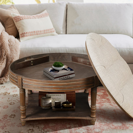 Large round waterproof ottoman coffee table 2 tier oversized button tufted ottoman (warm white)
