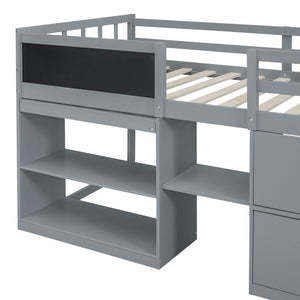 Low Loft Bed With Rolling Desk, Shelf And Drawers