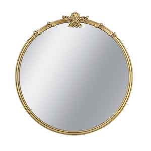 Round Wall Mirror with Decorative Leaf Crest - Gold