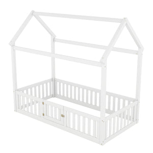 Wood House Bed With Fence And Door