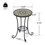 Ceramic Tile and Iron Patio Side Table with Shelf, Brown and Black