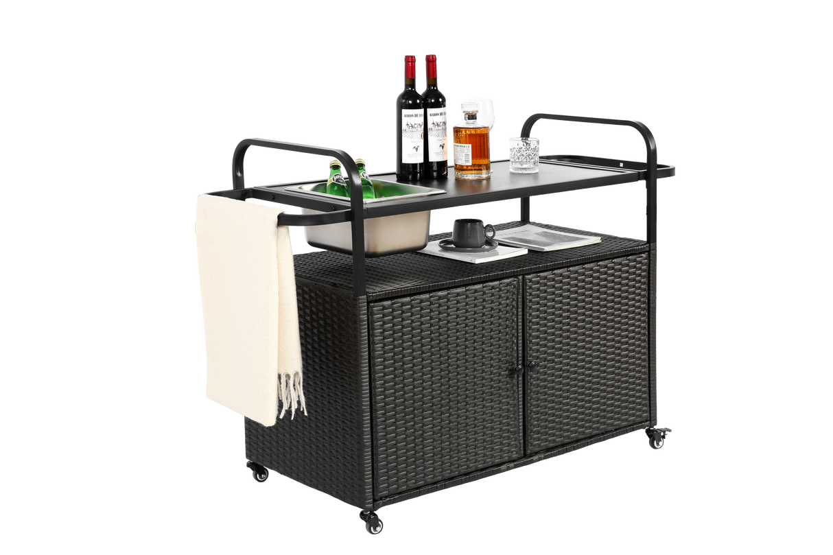 Outdoor Bar Table with Wicker Bar Cart and Steel Top