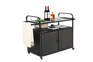 Outdoor Bar Table with Wicker Bar Cart and Steel Top