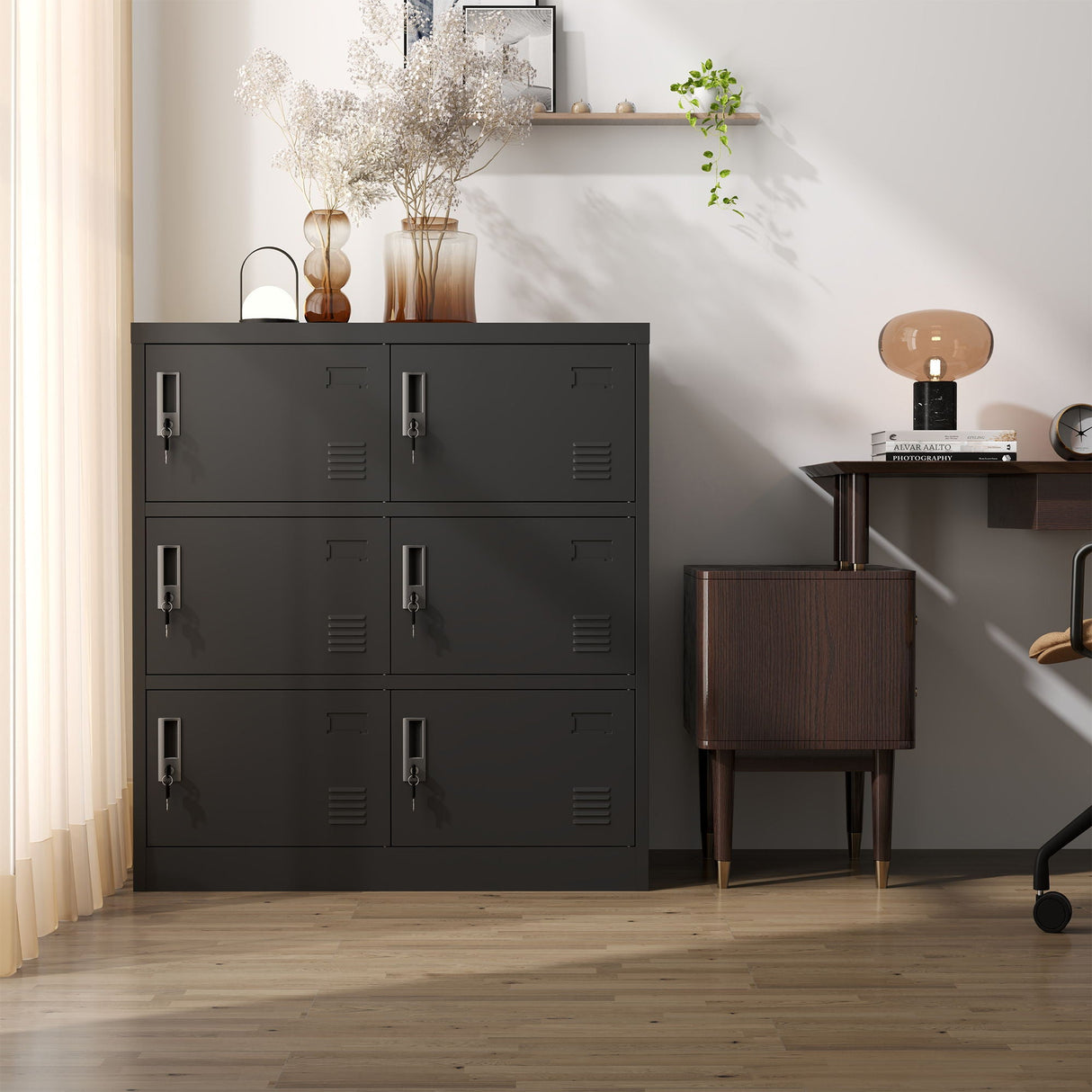 6 Door Employee Storage Locker, Lockers For Office, Gym, School, And Home With Card Slot - Black