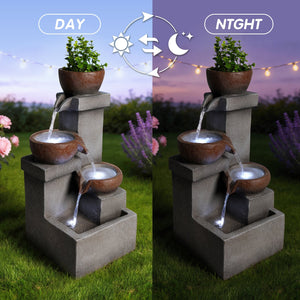 Outdoor Water Fountain Tiered Cascading Jar Waterfall Resin Garden Patio Decor with LED Lights