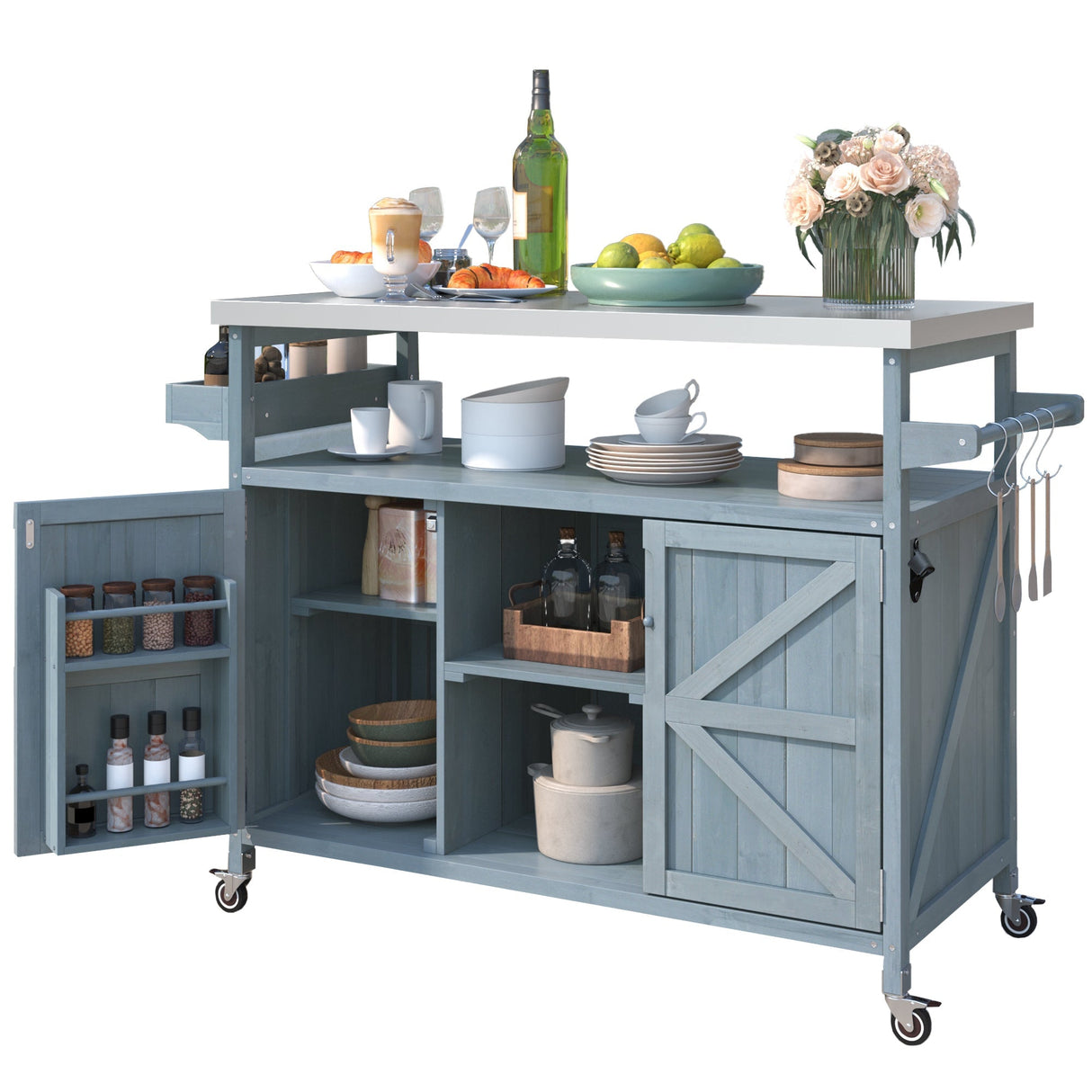 K&K Outdoor Kitchen Island, Rolling Bar Cart & Storage Cabinet