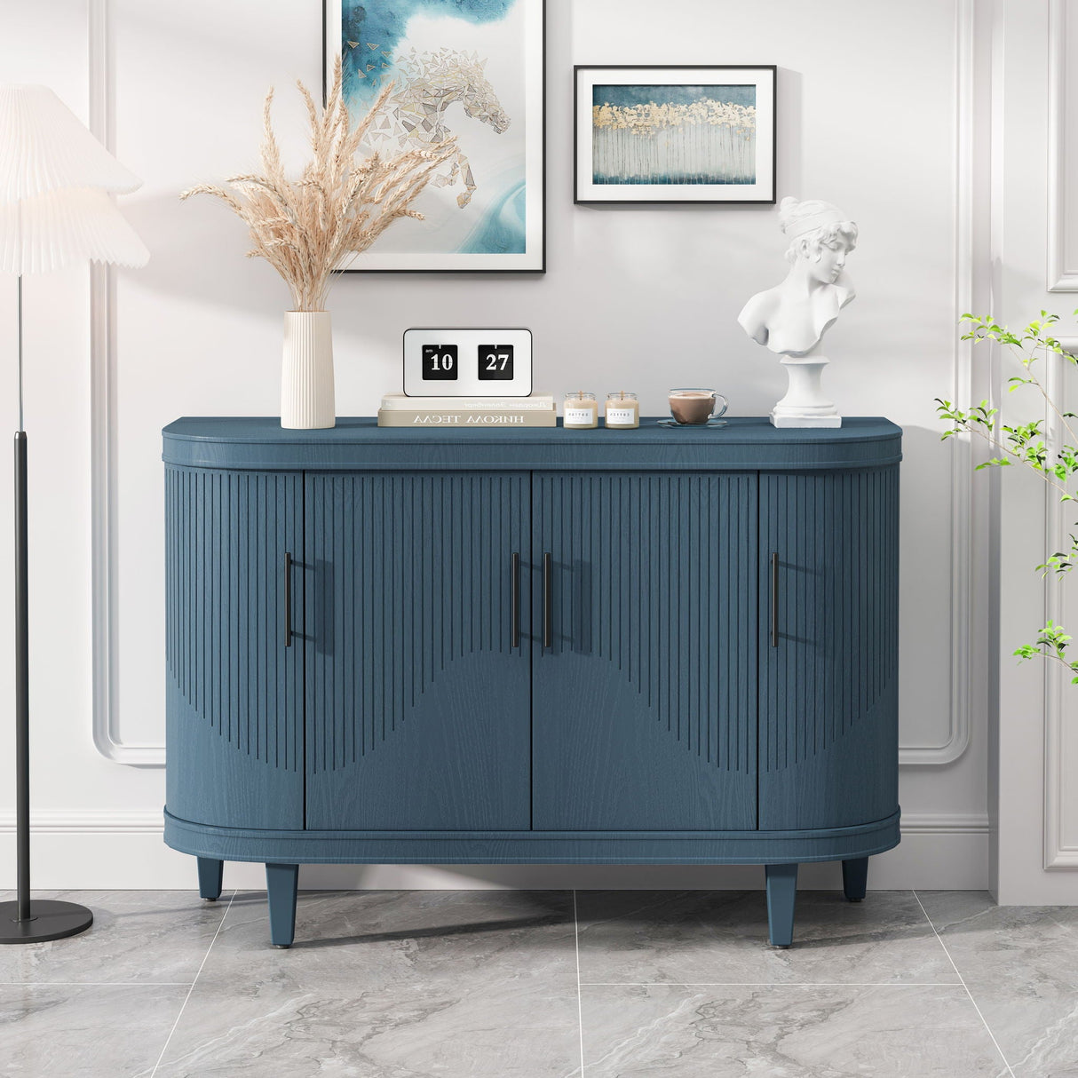 Curved Sideboard Wooden Console Table With 4 Doors And Adjustable Shelves For Living Room - Blue