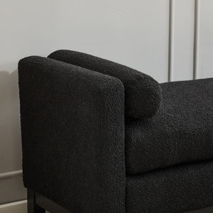 Elegant Upholstered Bench, Daybed, Ottoman With Wood Legs & 2 Bolster Pillows - Black Boucle
