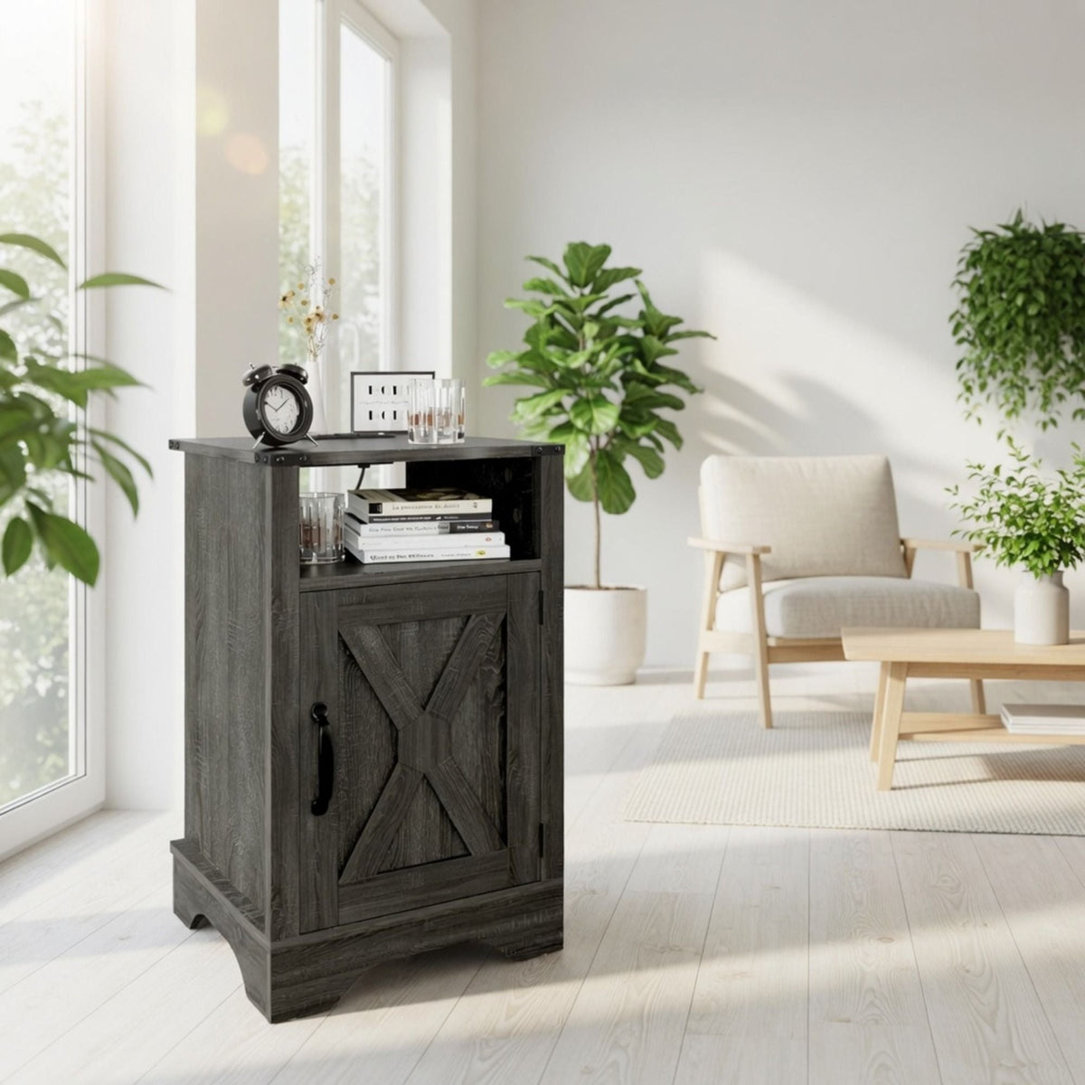 Farmhouse Nightstand, Charging Station & Storage