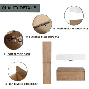 Modern Wall Mounted 30 Inch Bathroom Vanity With Resin Sink And 2 Side Cabinet - Imitative Oak