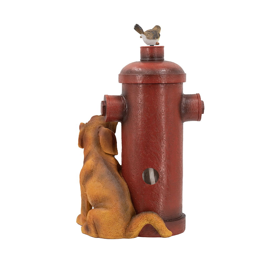 Red Fire Hydrant Water Fountain with Dog and Bird Accents
