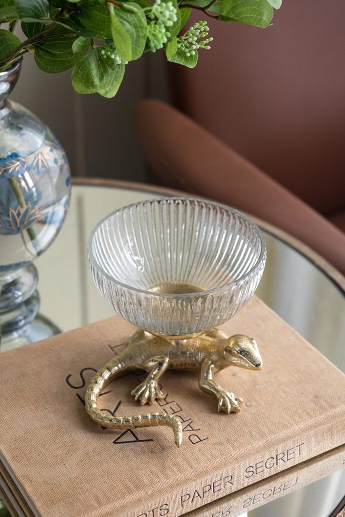 5x5x4.5' Gold Lizard Pedestal Bowl with Ribbed Glass Dish