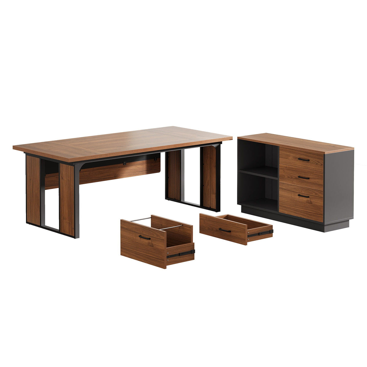L-Shaped Executive Desk With File Cabinet, Office Computer Desk With Drawers & Open Shelves, Workstation For Home Office - Brown / Black