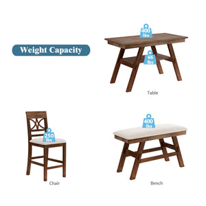 Counter Height 6-Piece Wood Dining Set with Storage Shelf - Walnut