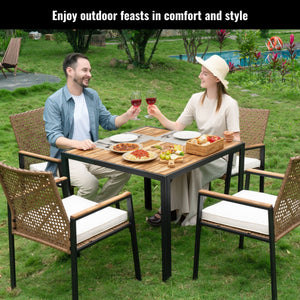 5 Piece Patio Dining Table Set, Acacia Wood Table Top With Umbrella Hole