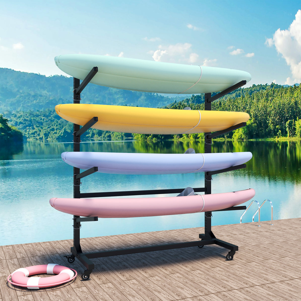 80''h freestanding kayak storage rack – holds 4 kayaks, heavy-duty adjustable stand with lockable wheels for kayak, canoe, sup & surfboard, 45.87'w*28.94'd*80'h
