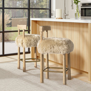 Genuine Fur Counter Height Bar Stool with Brass Footrest - Light Wood