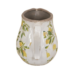 7.9x6.5x7.9" White Ceramic Pitcher Vase with Yellow Lemon Motif