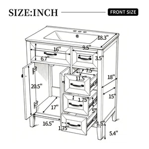 30" White Bathroom Vanity with Ceramic Sink