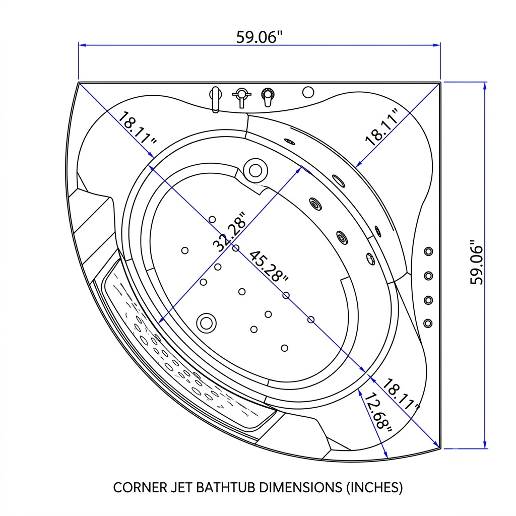 59" Corner Whirlpool Bathtub for 2-Person