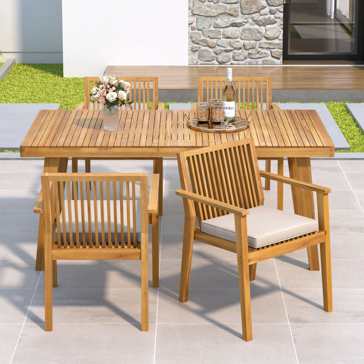 5 Piece Patio Furniture Set Acacia Wood Table and 4 Heavy Duty Cushioned Chairs