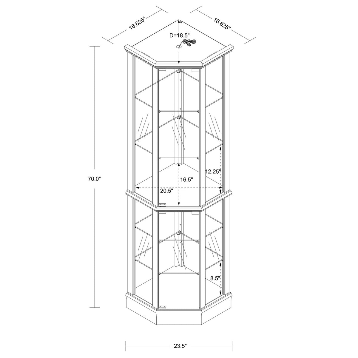 6 Shelf Lighted Corner Curio Cabinet With Adjustable Tempered Glass Shelves And Mirror Back (E26 Light Bulb Not Included)