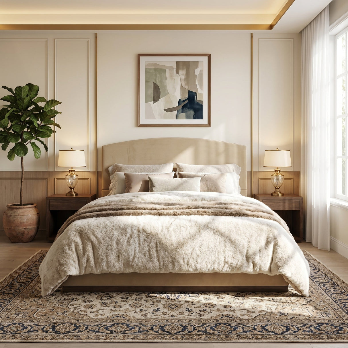 Queen Size Upholstered Bed Frame with Velvet Fabric Thick Headboard