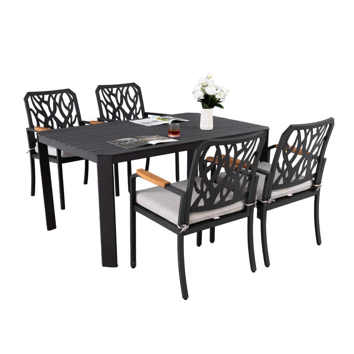 5PCs Outdoor Patio Aluminum Furniture Set, Modern Dining Set with 4 Dining Chairs Sunbrella Fabric Cushioned- Bourbon Brown