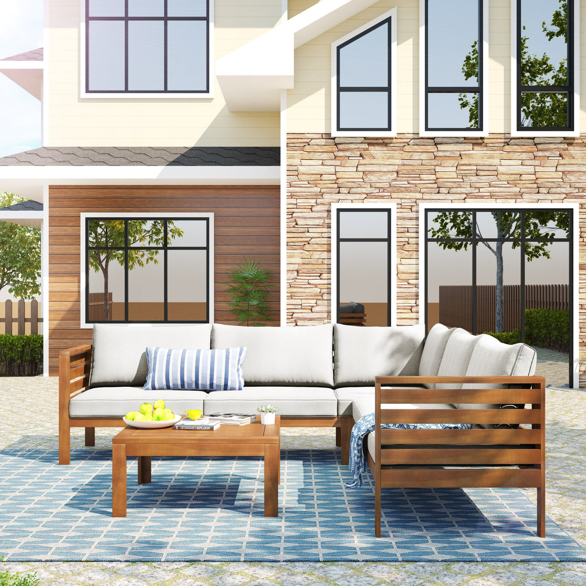 Wood Structure Outdoor Sofa Set with Beige Cushions