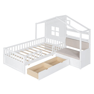 House Bed With Sofa, Kids Platform Bed With 2 Drawers And Storage Shelf