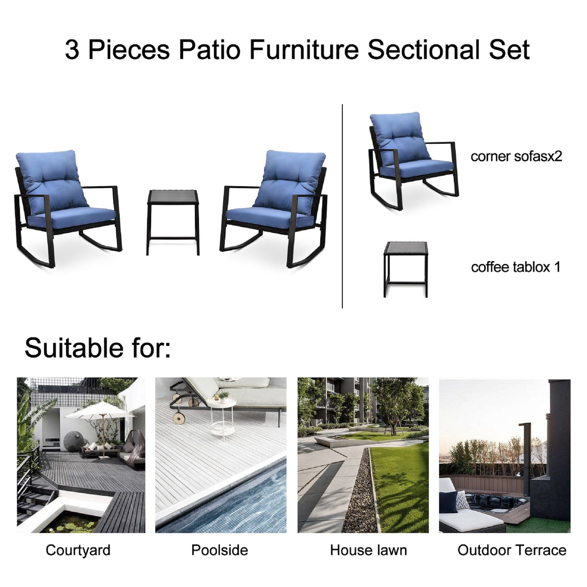 3 Piece Patio Bistro Set with Blue Cushions – Outdoor Rocker Chair Set