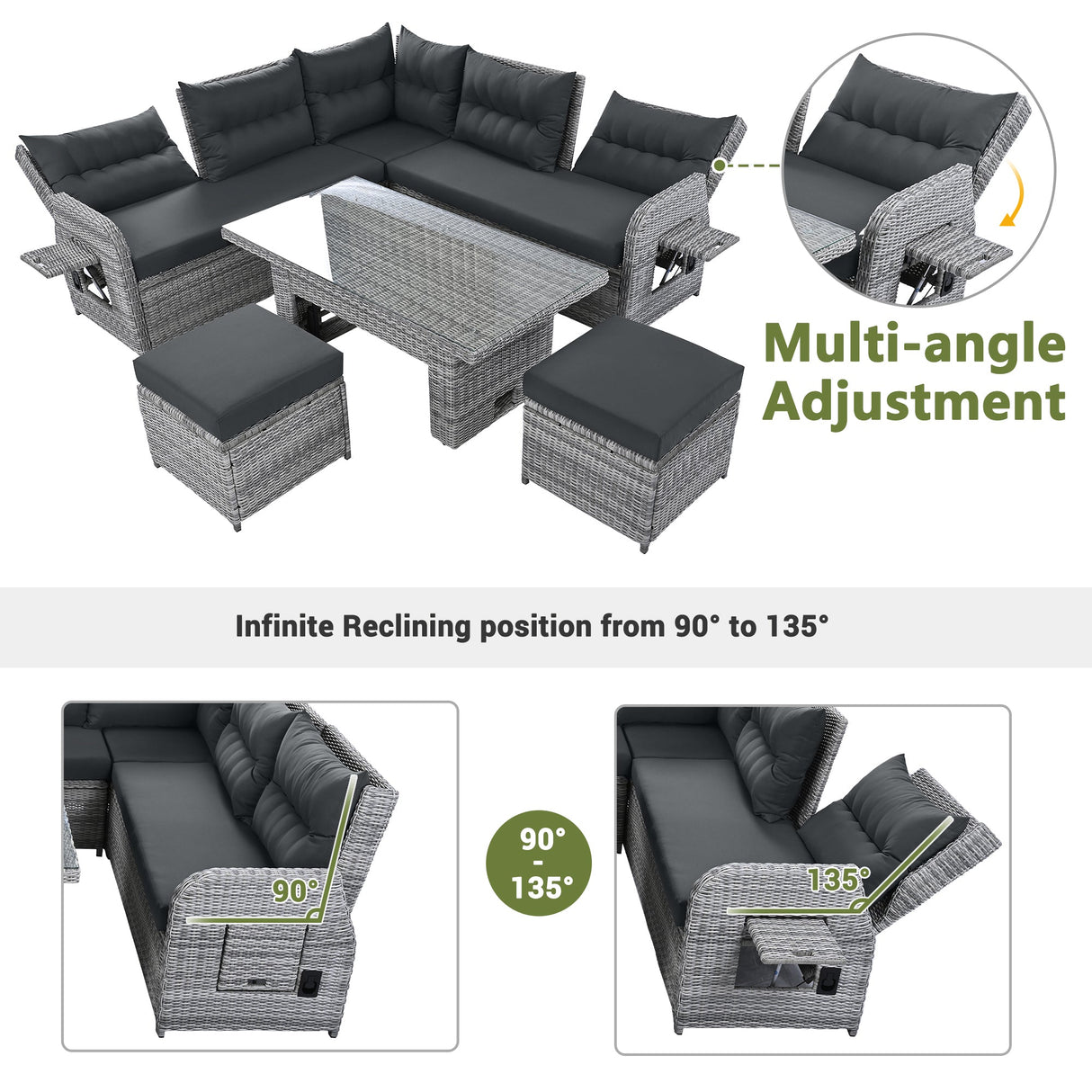 Outdoor Furniture Set Patio Rattan Furniture with Adjustable Table, Recliners, Side Tables, Ottomans